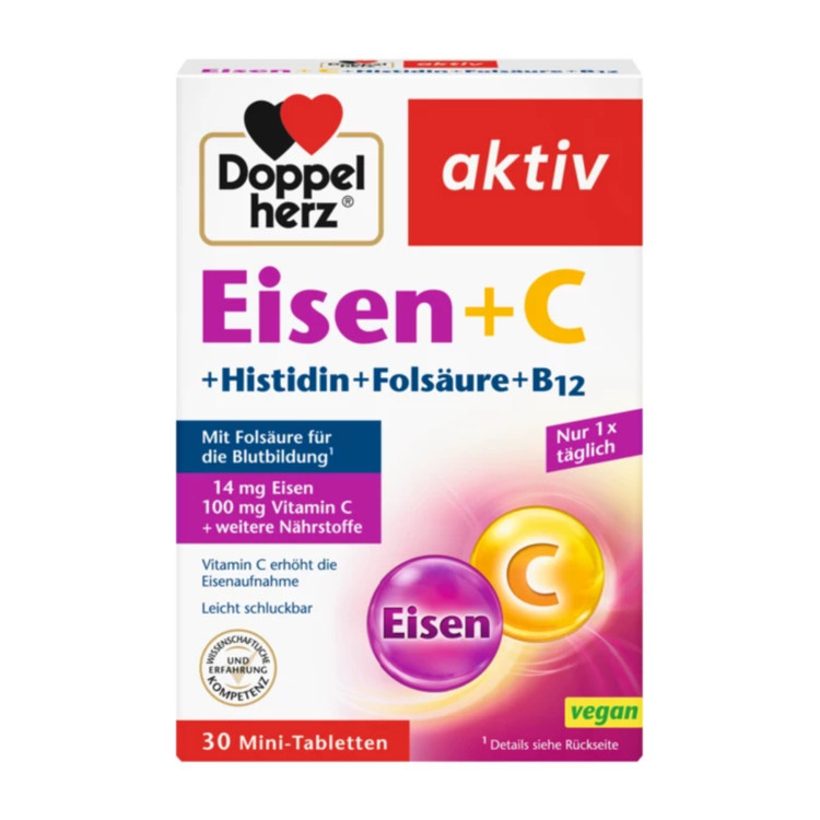 قرص آهن + ویتامین C + هیستیدن + اسید فولیک داپل هرز اکتیو Doppel Herz Aktiv (30 عددی)